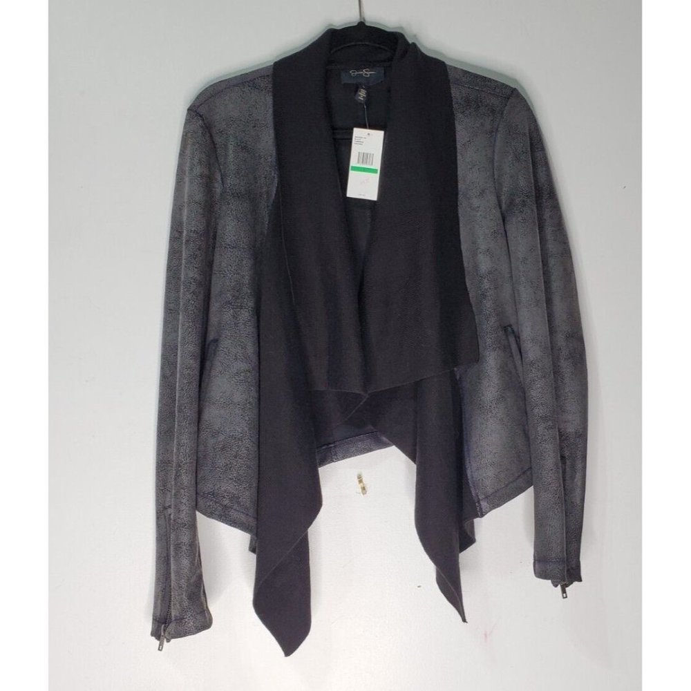 NWOT Black and Charcoal Faux Leather Open Cardigan Knit Shawl Sweater
